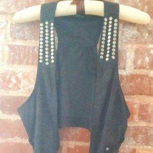TAXI Black Shimmer Faux Suede Open Front Studded Vest w/ Faux Pockets Juniors L